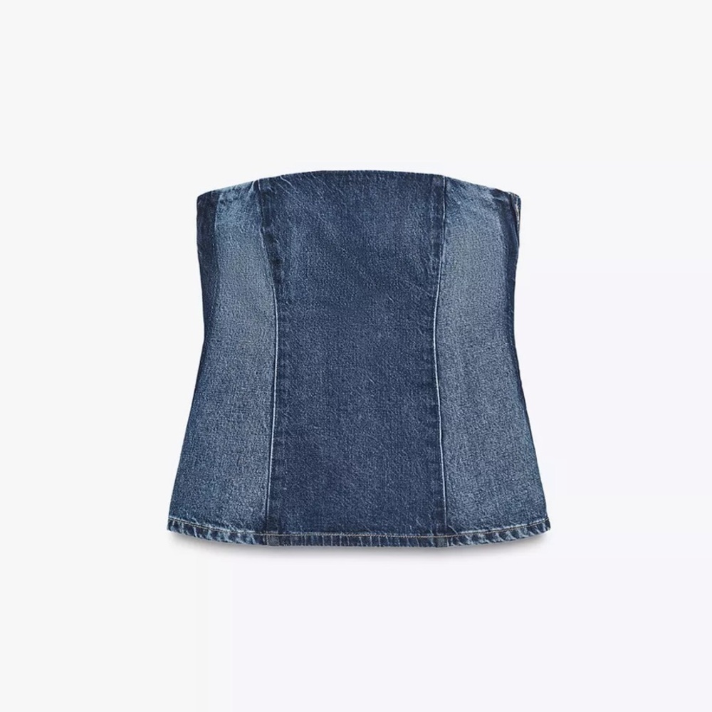 Zara NWT two tone denim medium blue dark navy blue bandeau strapless tube top - Picture 2 of 9